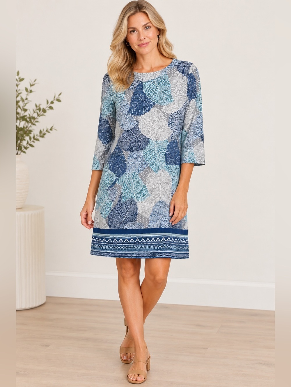 Jean-Pierre Klifa Leaf-Print Blue & Gray Midi Shift Dress Size Medium